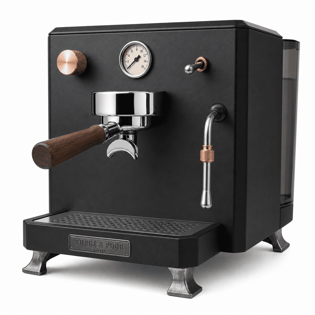Forge & Pour Anvil compact espresso machine, matte black, front three-quarter view on white background