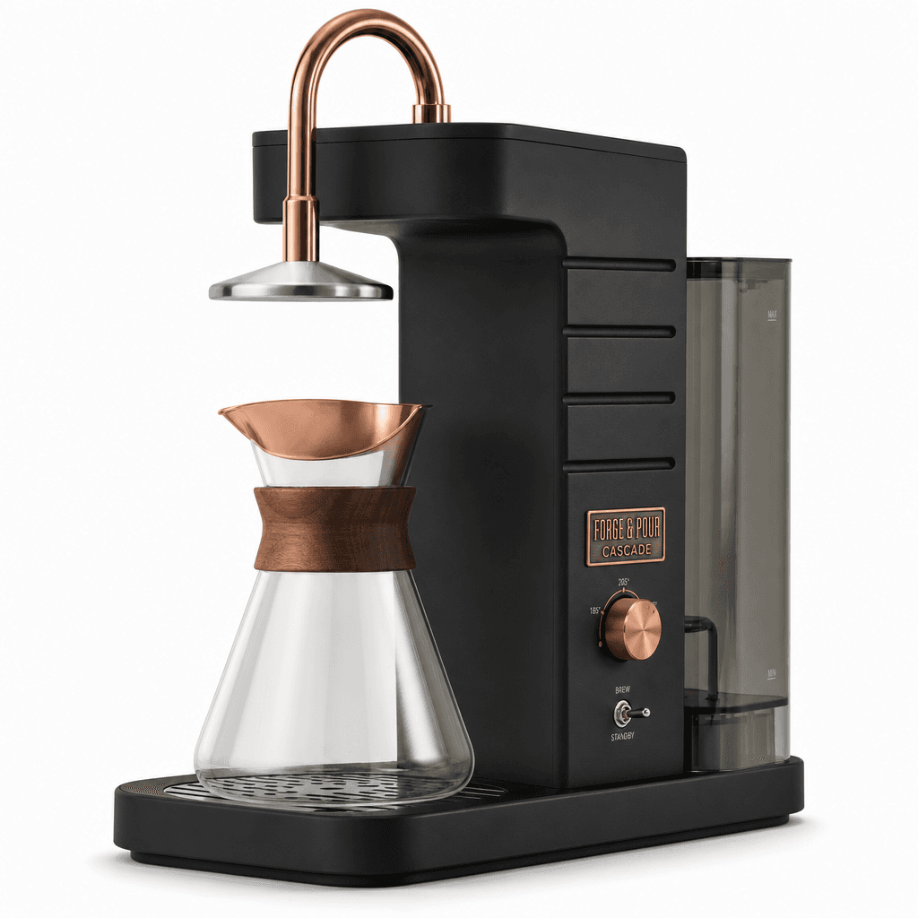 Forge & Pour Cascade precision pour-over coffee maker, matte black and copper, on white background