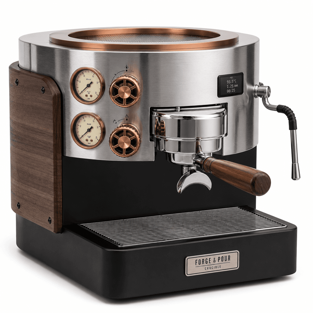Forge & Pour Crucible dual-boiler espresso machine, stainless and walnut, on white background