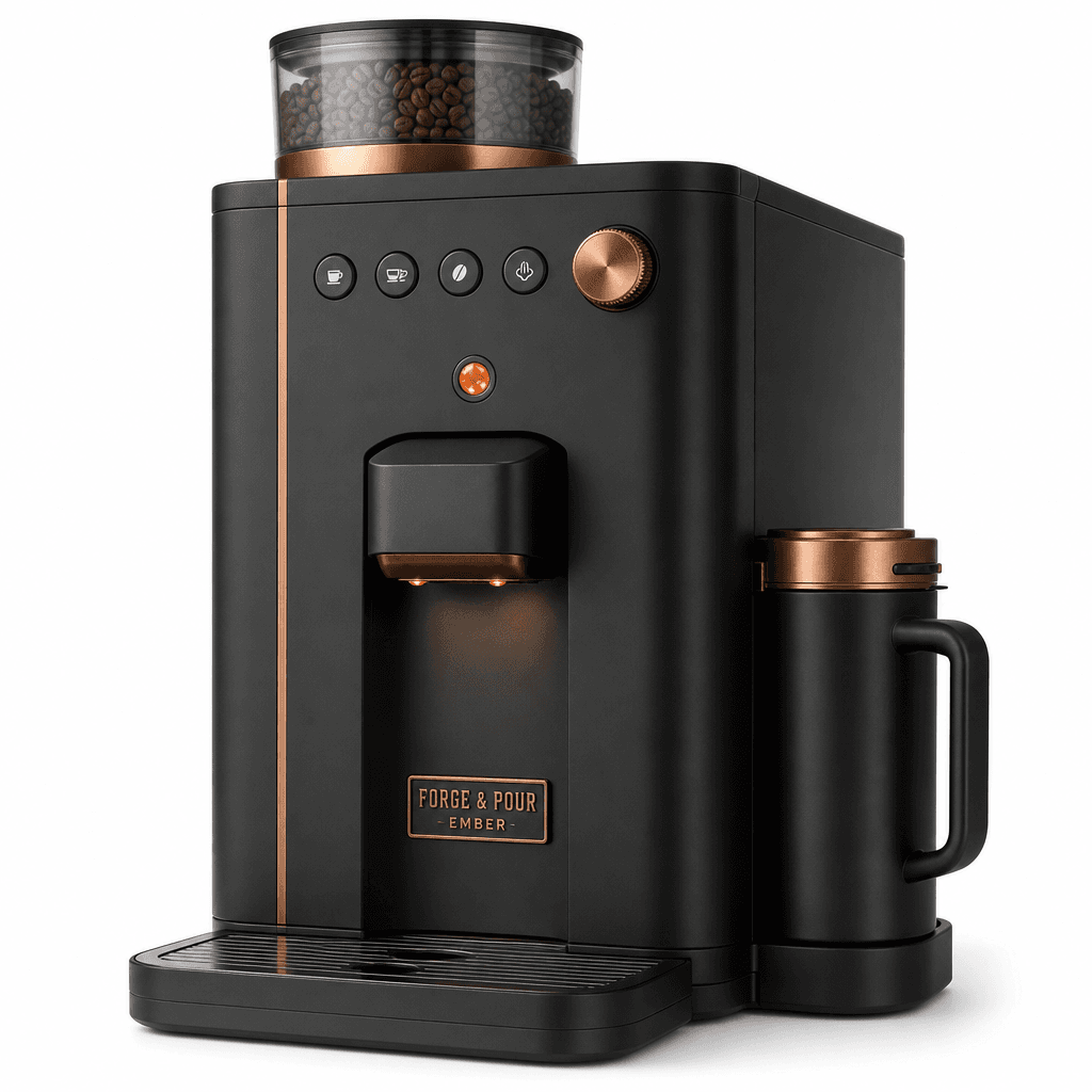 Forge & Pour Ember super-automatic espresso machine, matte black, on white background