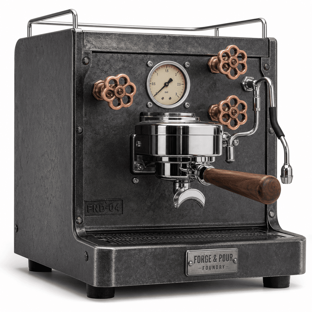 Forge & Pour Foundry prosumer espresso machine, dark steel and copper, on white background